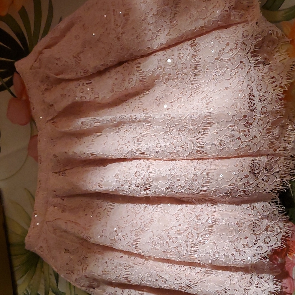 Beautiful peach mini skirt.  Fully lined. Peach lace with sequences.